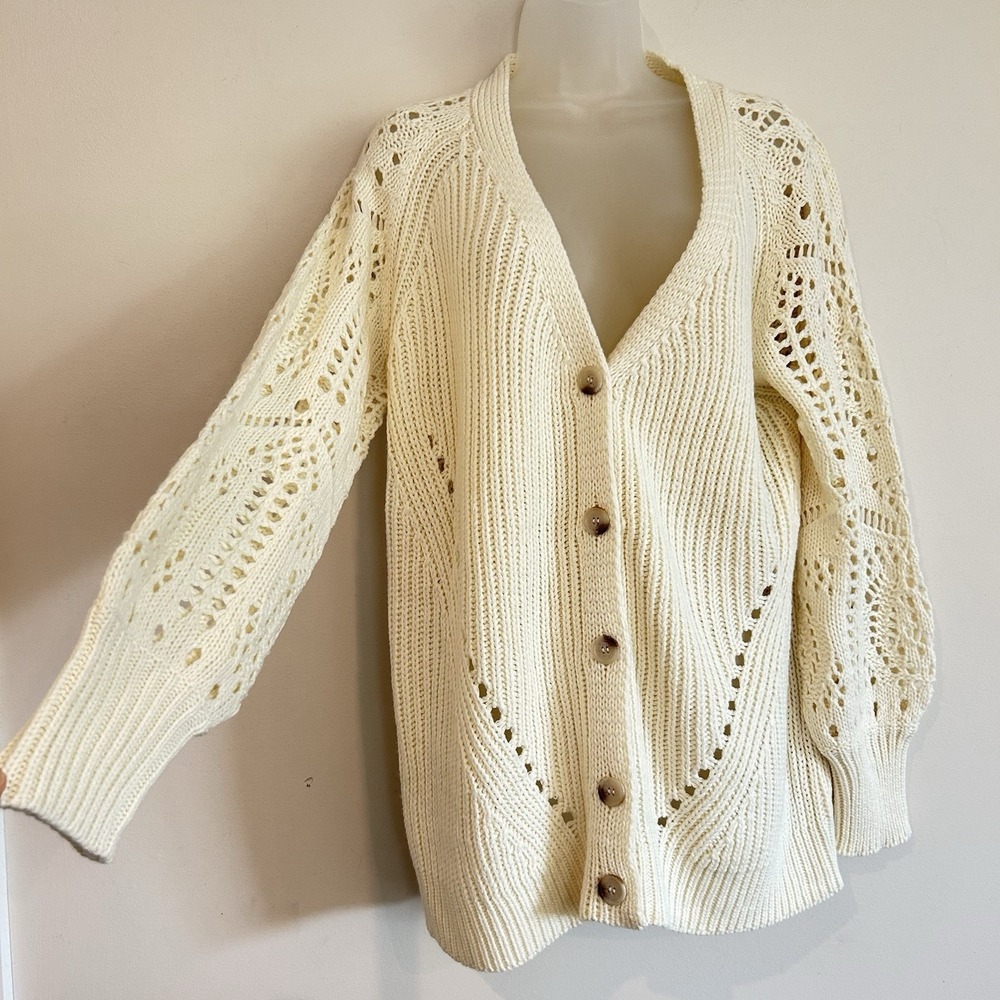 Pink Lily Cardigan Sweater Ivory Size S Oversized Cottage Cozy Buttons Open Knit